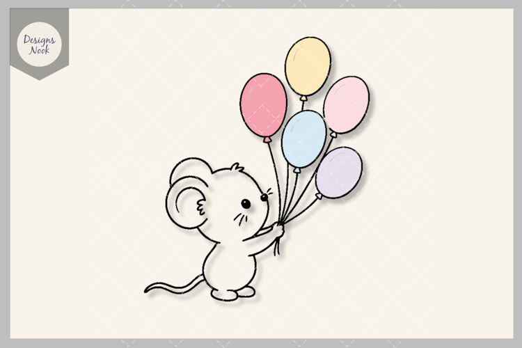 Cute Baby Mouse SVG, Mouse with Balloons Cut File, Birthday