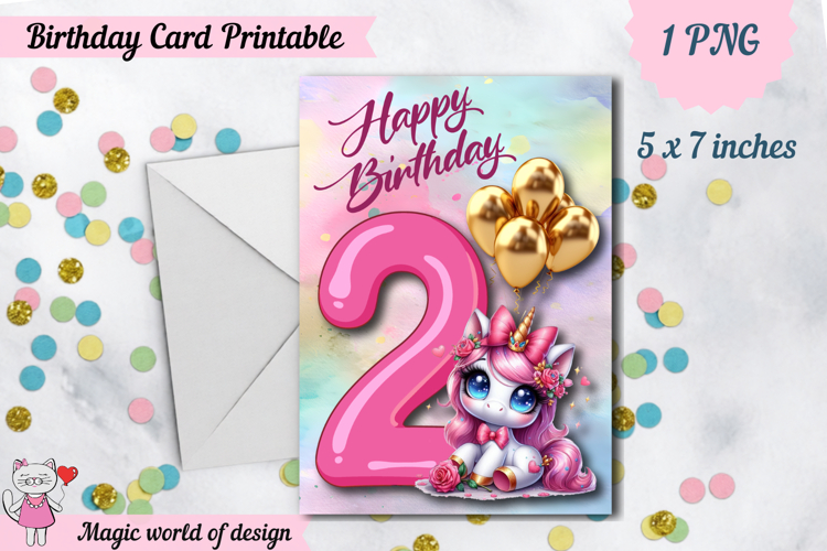 Unicorn 2nd Happy Birthday Card, Printable png