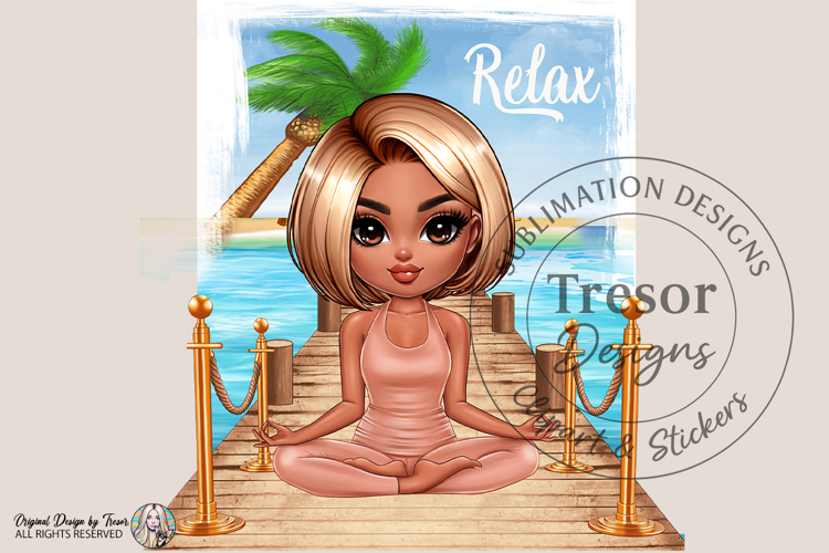 Relax Yoga Beach Meditation Design, Wellness Chibi girl PNG