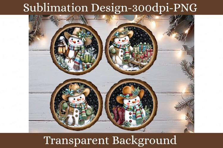 Western Cowboy Snowman Christmas Ornament / Coaster PNG example image 1