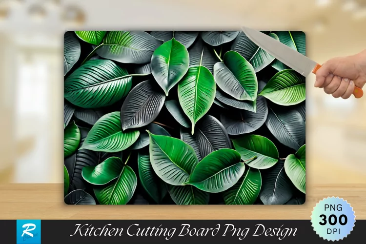 Dark gray Green Leaves Cutting Board Sublimation Design