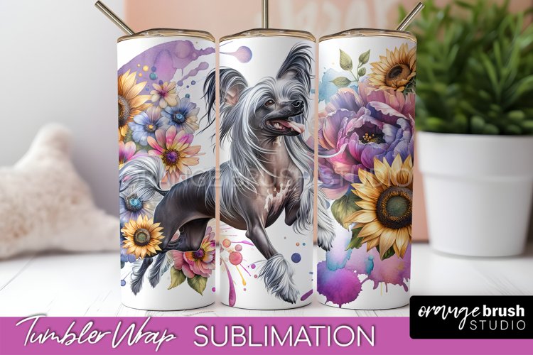 Chinese Crested Tumbler Wrap Dog Sublimation Floral PNG