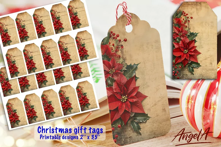 Printable Christmas gift tags PDF / poinsettia / retro paper
