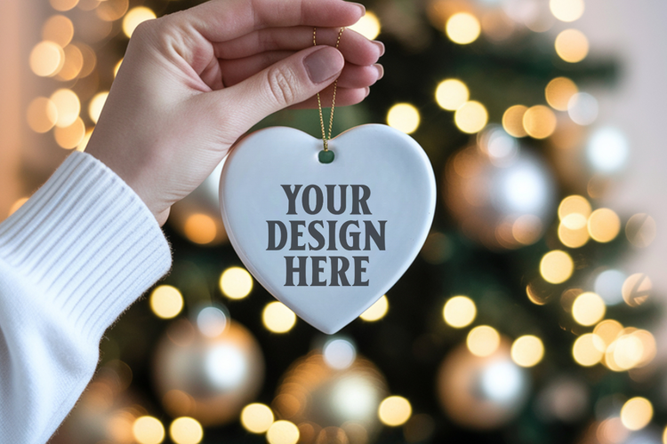Romantic Christmas Ceramic Heart Ornament Mockup | Holiday