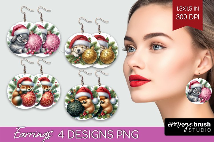 Christmas Animals Round Earrings - Cute Christmas PNG