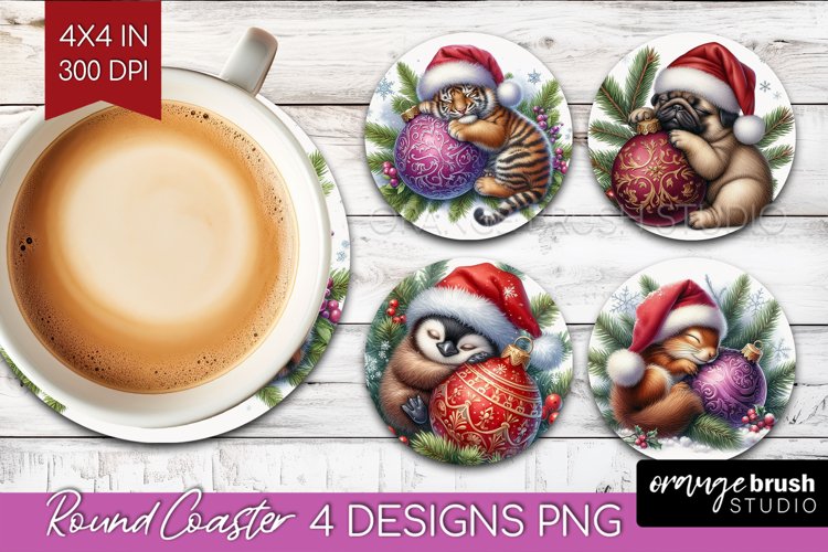 Christmas Animals Round Coaster - Cute Christmas Coaster PNG