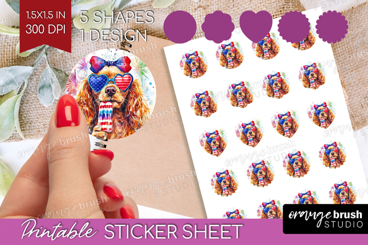 Cocker Spaniel Dog Round Sticker 4th Of July Printable Sheet
