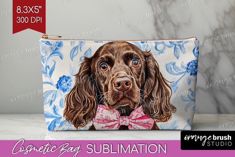 Cocker Spaniel Dog Cosmetic Bag Blue Toile Makeup Bag PNG