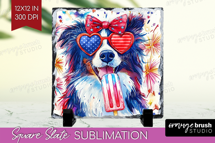 Collie Dog Slate PNG 4th Of July Square Slate Sublimation