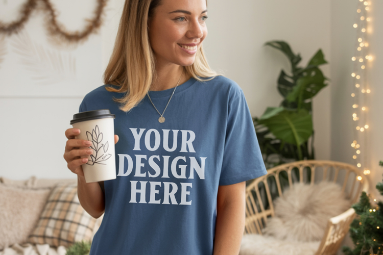 Comfort Colors 1717 Blue Jean Christmas T-Shirt Mockup, Boho
