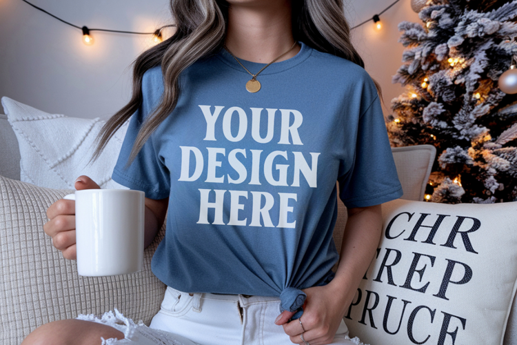 Blue Jean Comfort Colors 1717 Christmas Shirt Mockup, Cozy B