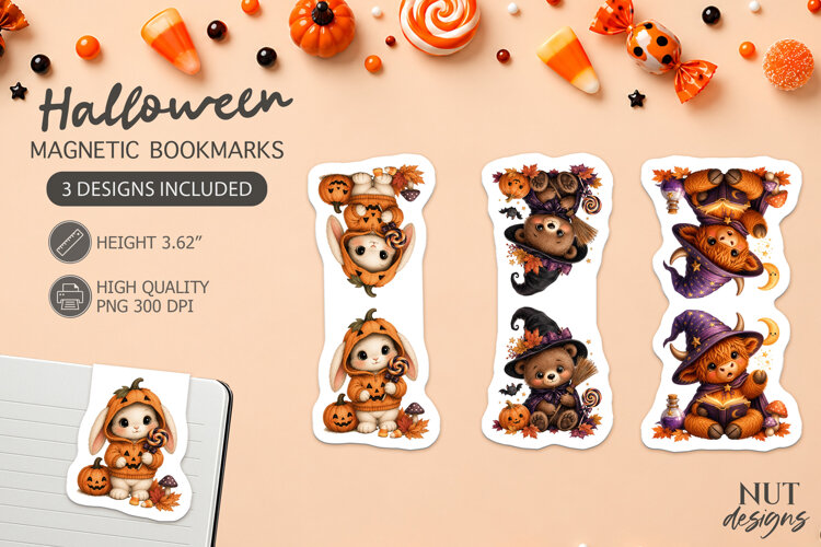 Cute Halloween Animal Magnetic Bookmarks Bunny Bear Cow example image 1