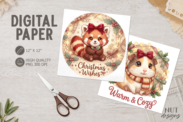 Cute Christmas Animal Digital Paper red panda guinea pig