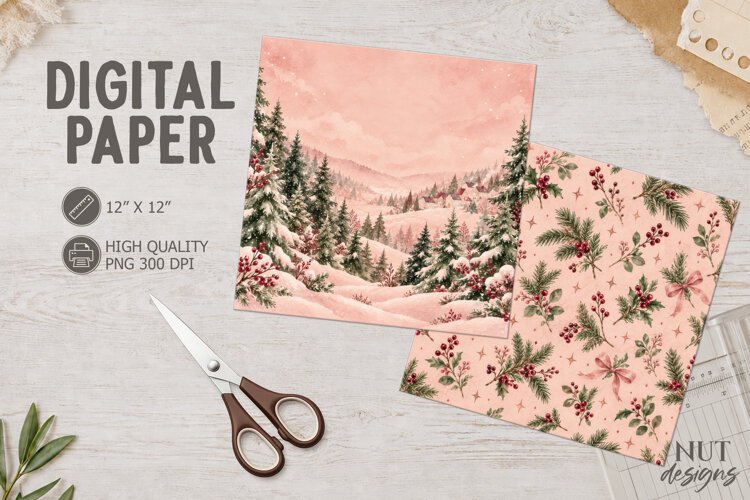 Pink Winter Village Digital Paper Watercolor Christmas example image 1