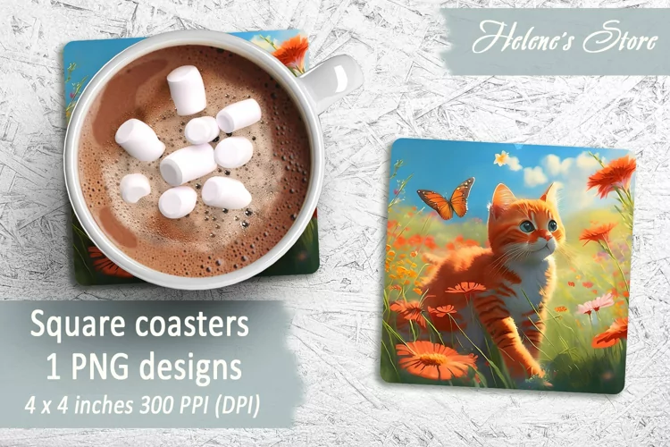 Red Cat Square Coasters | Summer Cat Sublimation Coaster|PNG