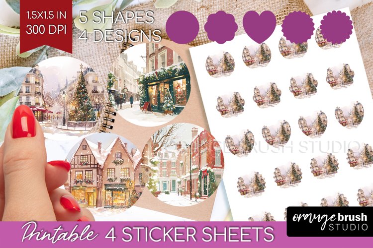 Christmas City Round Sticker - Cozy Christmas Printable