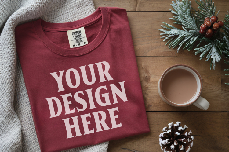 Crimson Comfort Colors 1717 Christmas Folded T-Shirt Mockup