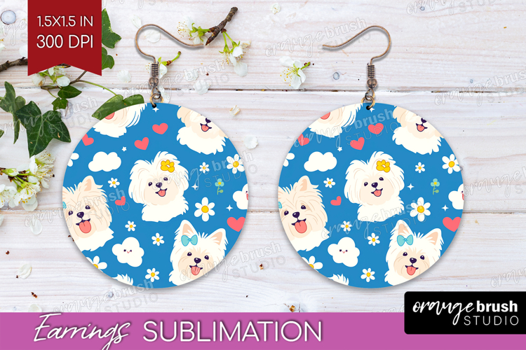 Cute Dog Round Earrings - Chibi Puppy PNG Sublimation