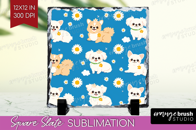 Cute Dog Slate PNG - Chibi Puppy Square Slate Sublimation