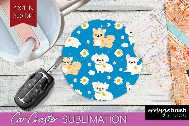 Cute Dog Car Coaster - Chibi Puppy Coaster PNG Sublimation
