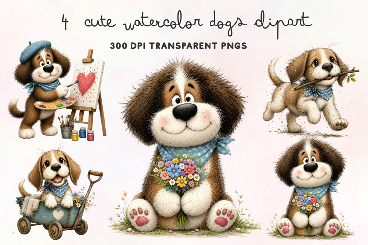 Cute Watercolor Dogs Clipart PNG