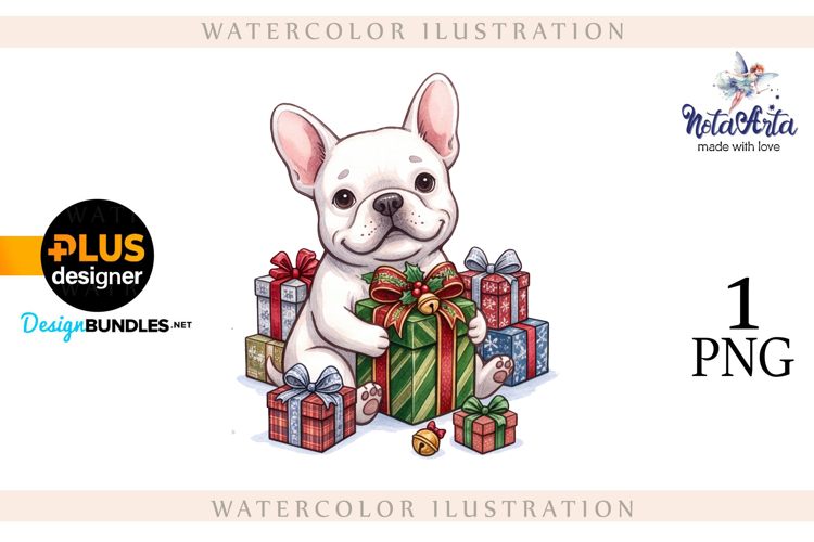 Christmas Bulldog Puppy Watercolor Illustration