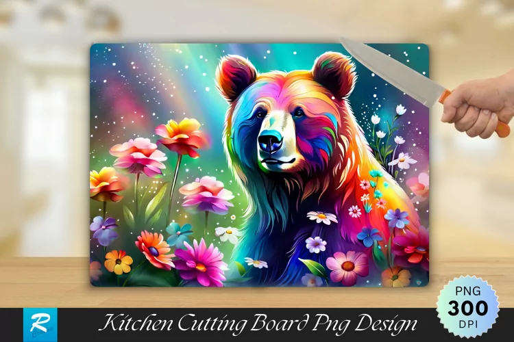 Multicolored Bear with Flowers Cutting Board PNG Design