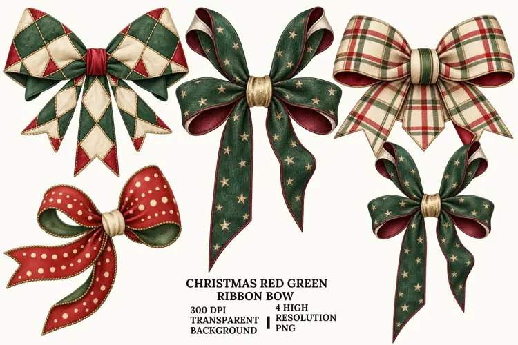 Christmas Red Green Bow PNG, Festive Ribbon Sublimation Art
