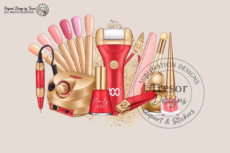 Nail Tech Sublimation PNG Red Gold Beauty Tools Design