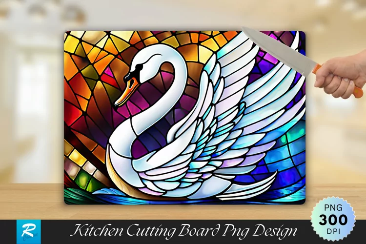 White Swan Stained Glass Cutting Board PNG Design