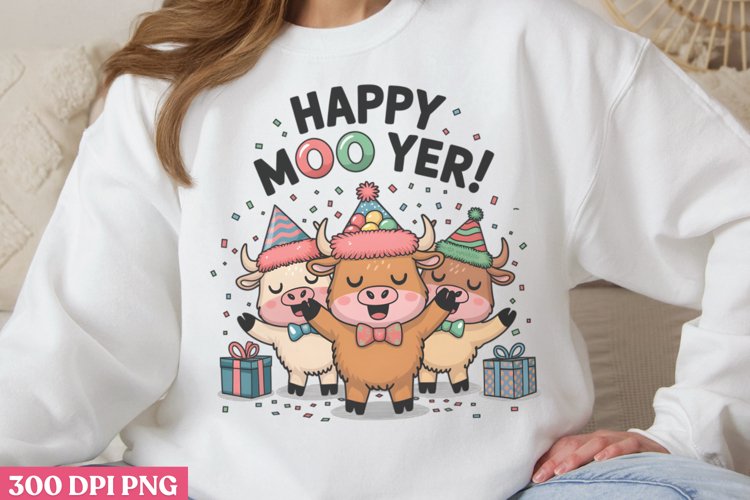 Happy Moo Year PNG, Highland Cow Sublimation PNG