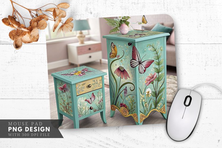 Butterfly And Floral Hand Painted Furniture Mouse Pad PNG