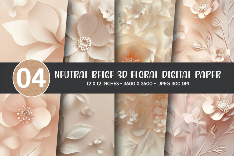 Neutral Beige 3D Floral Digital Paper example image 1