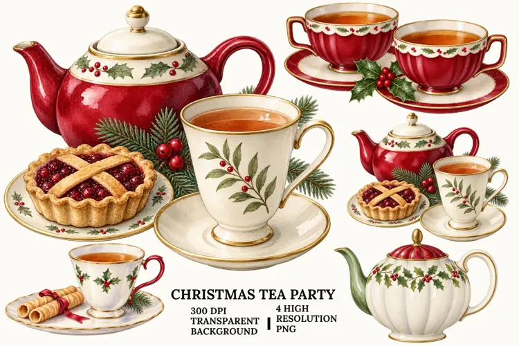 Christmas Tea Party PNG, Holiday Teacup Sublimation Design