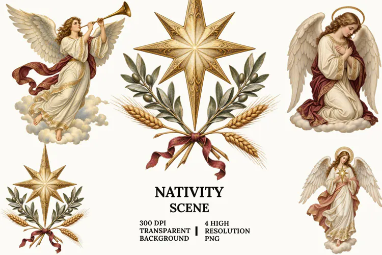 Nativity Scene Clipart with Manger, Lantern, Sheep and Ox
