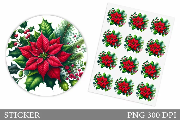 Poinsettia Sticker Design. Christmas Sticker Printable