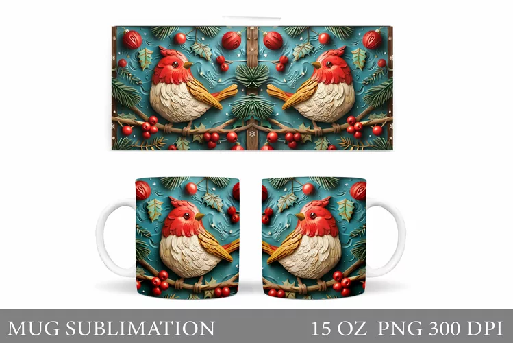 3D Bird Mug Design. Christmas Mug Sublimation