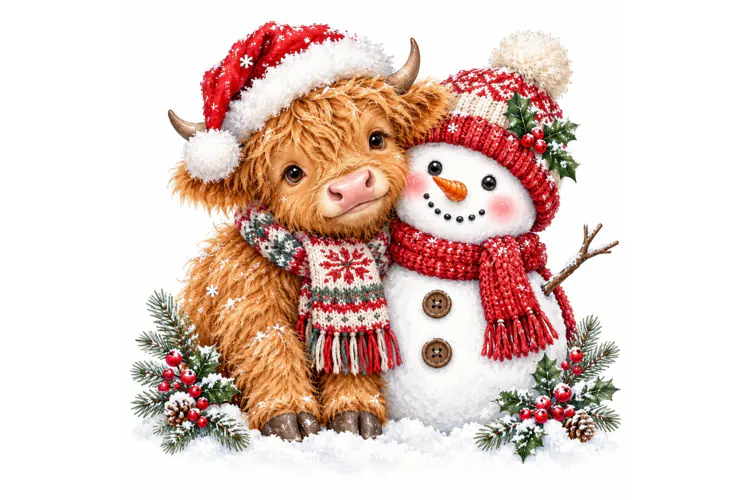 Christmas Highland Cow PNG, Watercolor Holiday Clipart