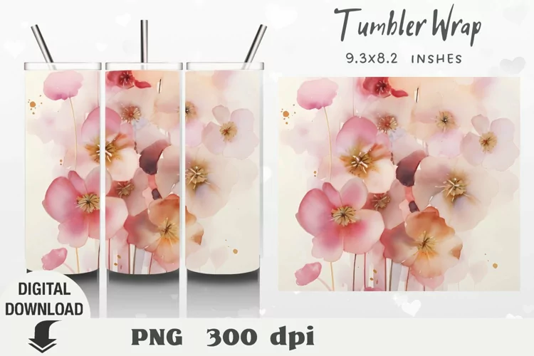 Flowers Tumbler Wrap, pink flowers Sublimation, spring