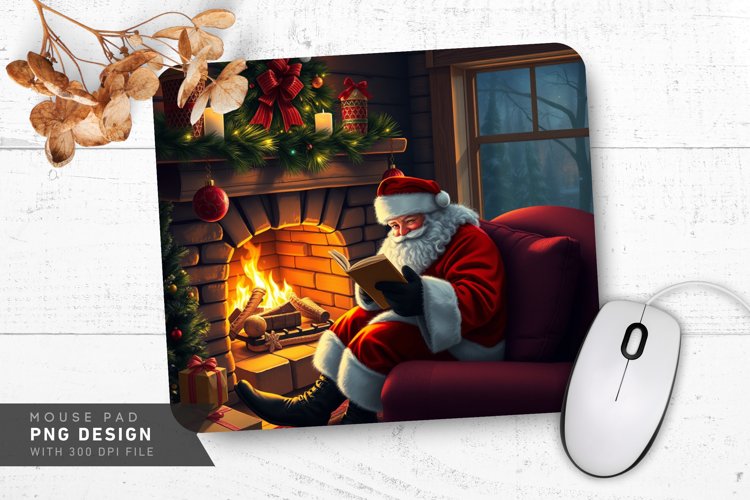 Santa Reading His List Cozy Fireplace Mouse Pad PNG Design
