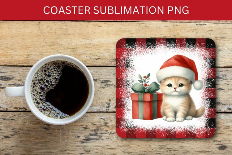 square coaster - cat with wrapped christmas gift