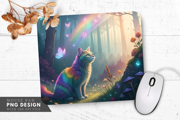Enchanted Rainbow Cat Mouse Pad PNG Design
