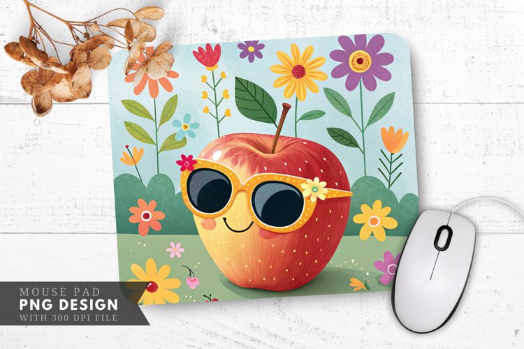 Funky Apple Design with Floral Elements Mouse Pad PNG Design