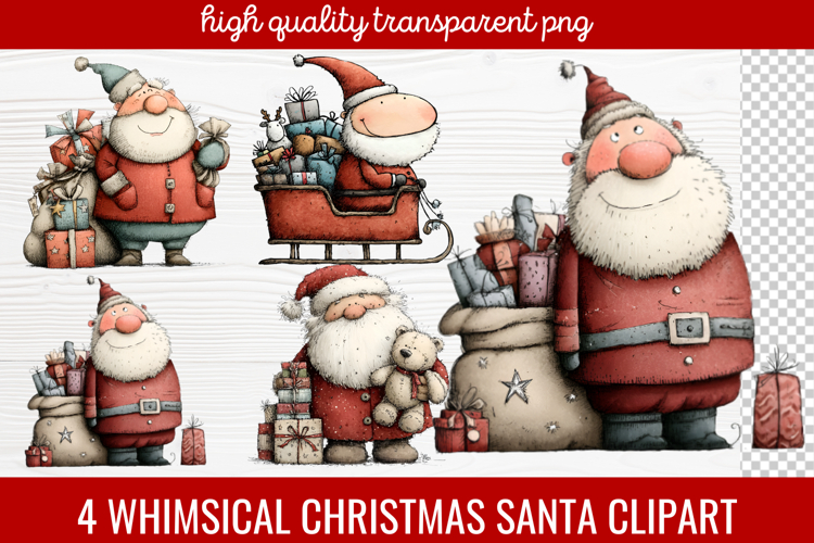4 Whimsical Christmas Santa Clipart | Cute Santa PNG