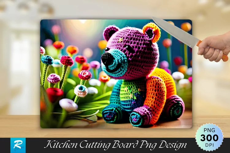 Multicolored Bear with Flowers Cutting Board PNG Design
