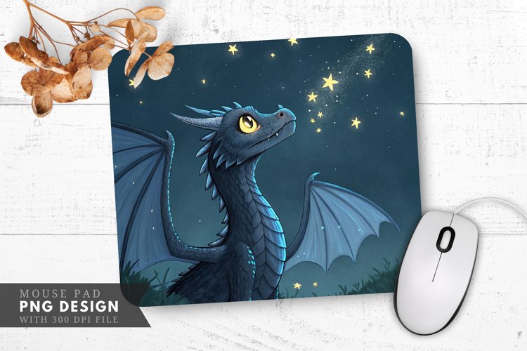 Curious Night Dragon Among Stars Mouse Pad PNG Design