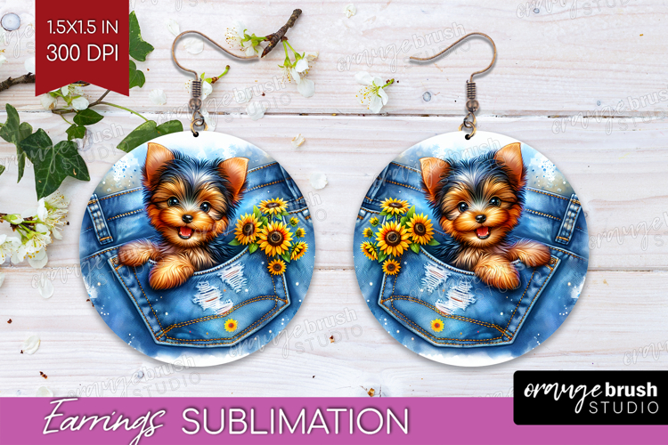 Denim Round Earrings - Dog In Pocket PNG Sublimation