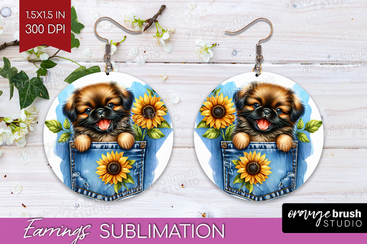 Denim Round Earrings - Dog In Pocket PNG Sublimation