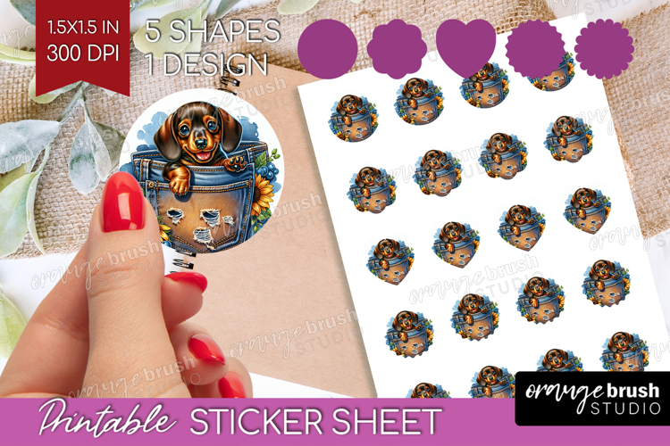 Denim Round Sticker - Dog In Pocket Printable Sticker Sheet