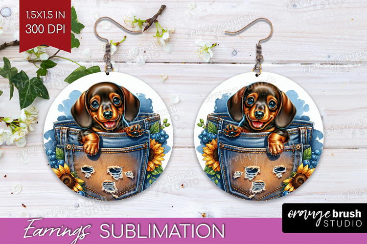 Denim Round Earrings - Dog In Pocket PNG Sublimation
